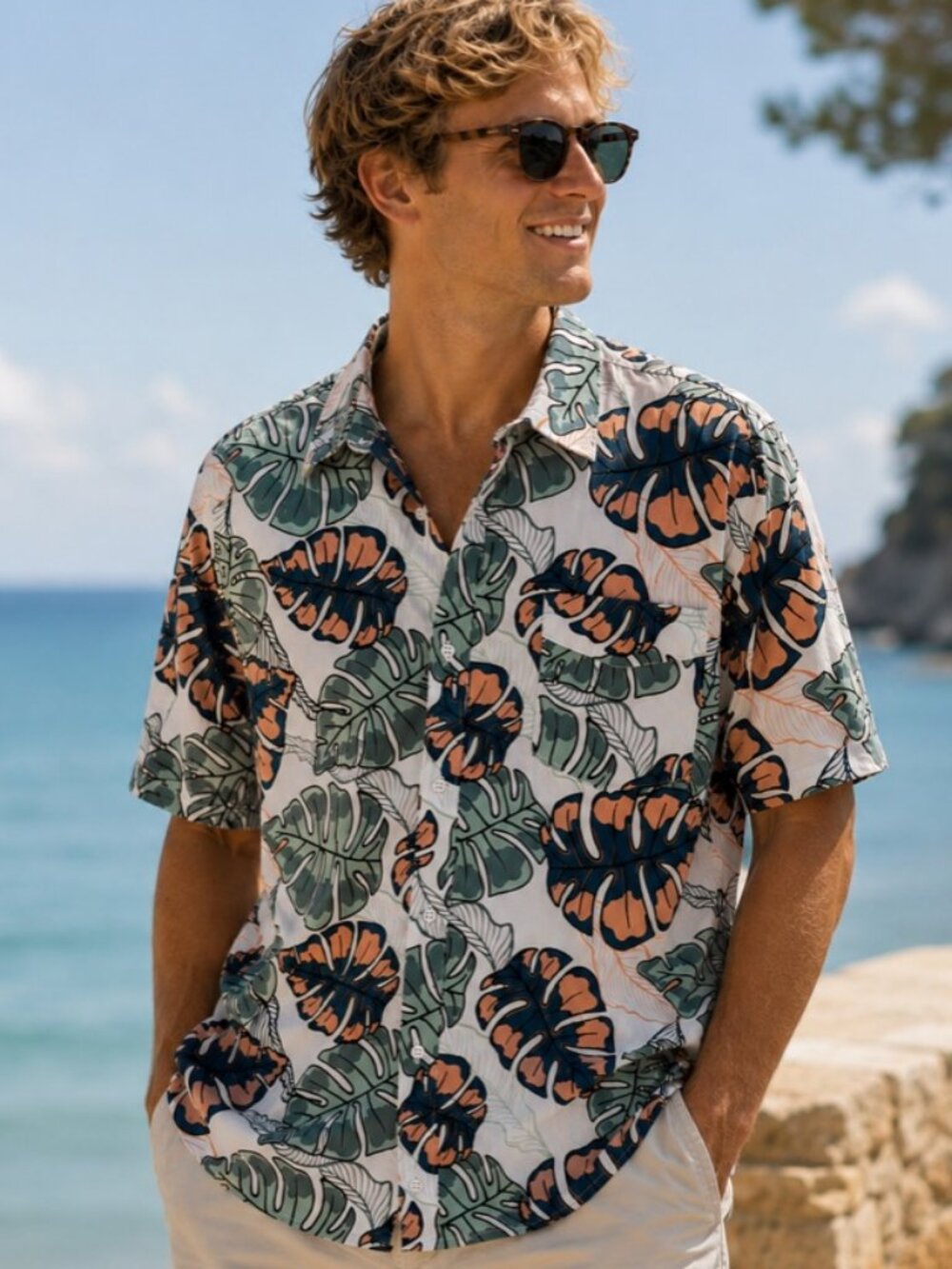 Free Planet Men’s Tropical Hawaiian Leaf Print Button Up Shirt, 2X